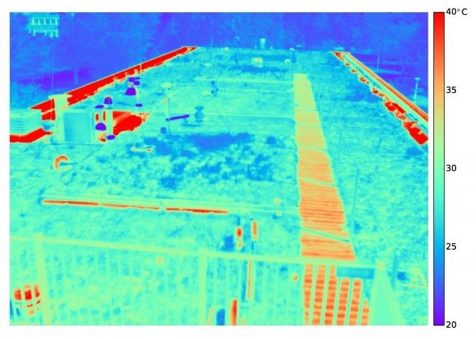 Thermisch beeld van het blauwgroen daksysteem waarop het grote temperatuurverschil tussen de vegetatie en dakranden (bitumen) is te zien: ruim 20 graden.