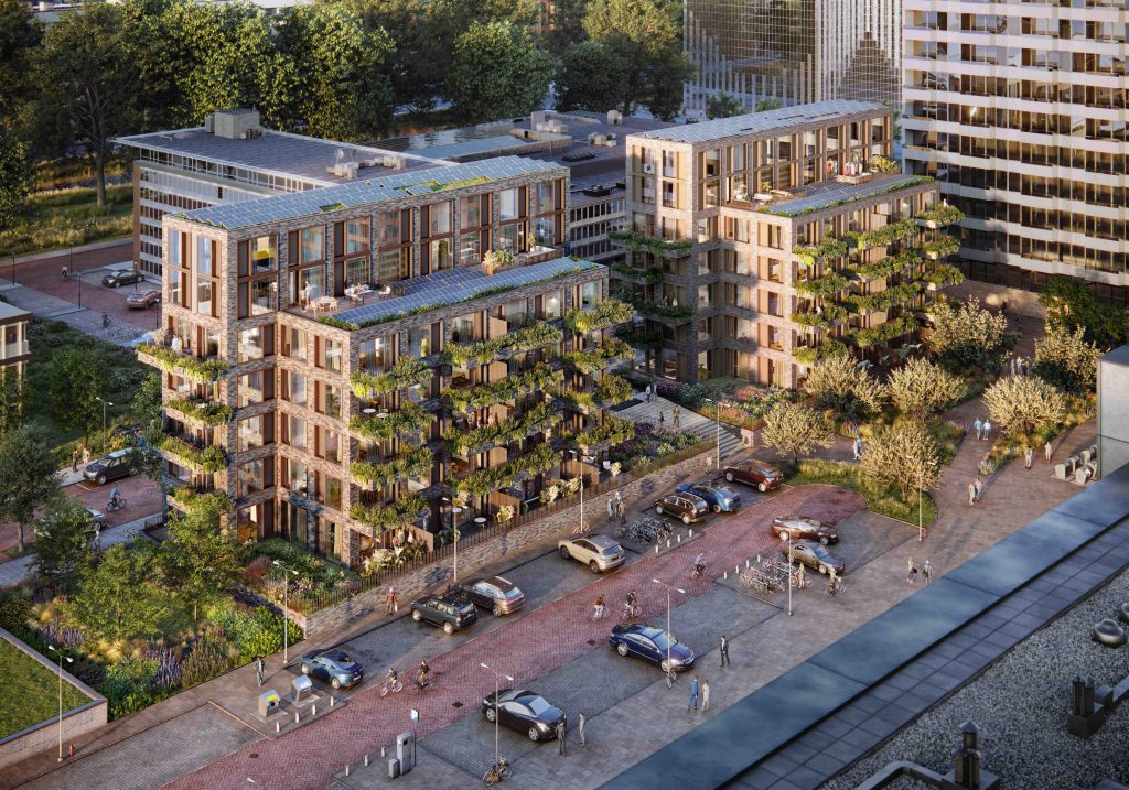 Artist impression van het Mannoury project in Amsterdam. Deze appartementencomplexen zijn de testlocatie van het Urban Photosynthesis-project (bron: Aedes)