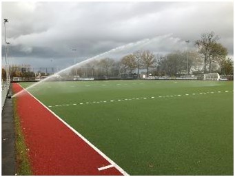 Sprinkling buffer water for artificial-grass pitches at Sportpark ’t Schenge in Goes.